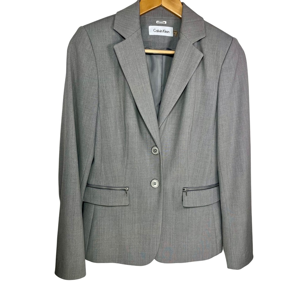 Calvin Klein Blazer Women 2 Grey Zipper Detail Two Button Professional Jacket